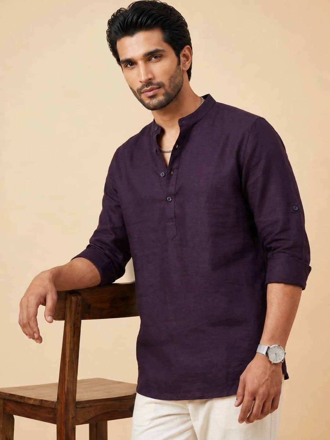 Anouk Men Purple Solid Mandarin Collar Straight Short Kurta - view 1