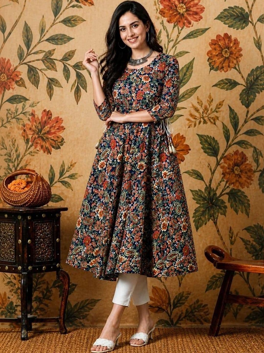 KALINI Women Ethnic Motifs Printed Floral Handloom Anarkali Kurta - view 1