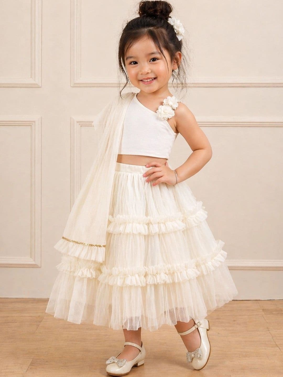 KidsDew Girls Foil Print Ready to Wear Net Flare Lehenga & Choli With Dupatta - view 1