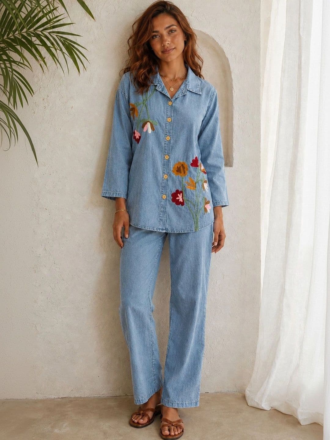 Sangria Floral Cotton Embroidered Shirt with Trousers - view 1