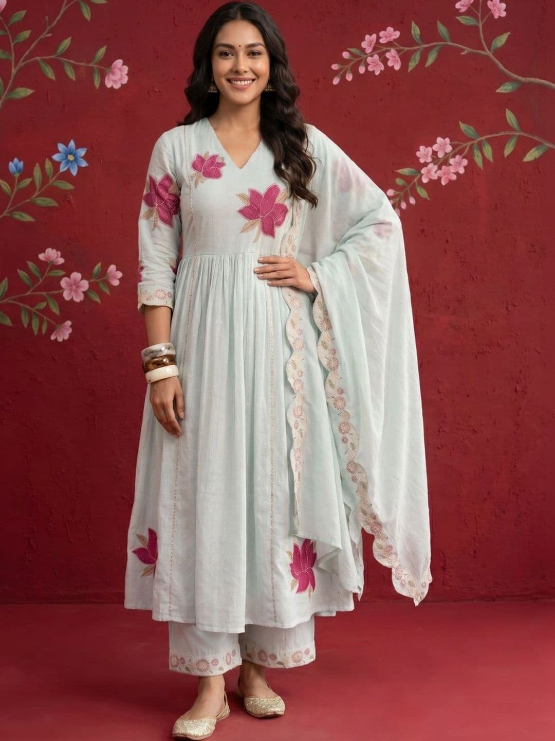 Sangria Women Floral Embroidered Empire Thread Work Kurta with Palazzos & With Dupatta - view 1