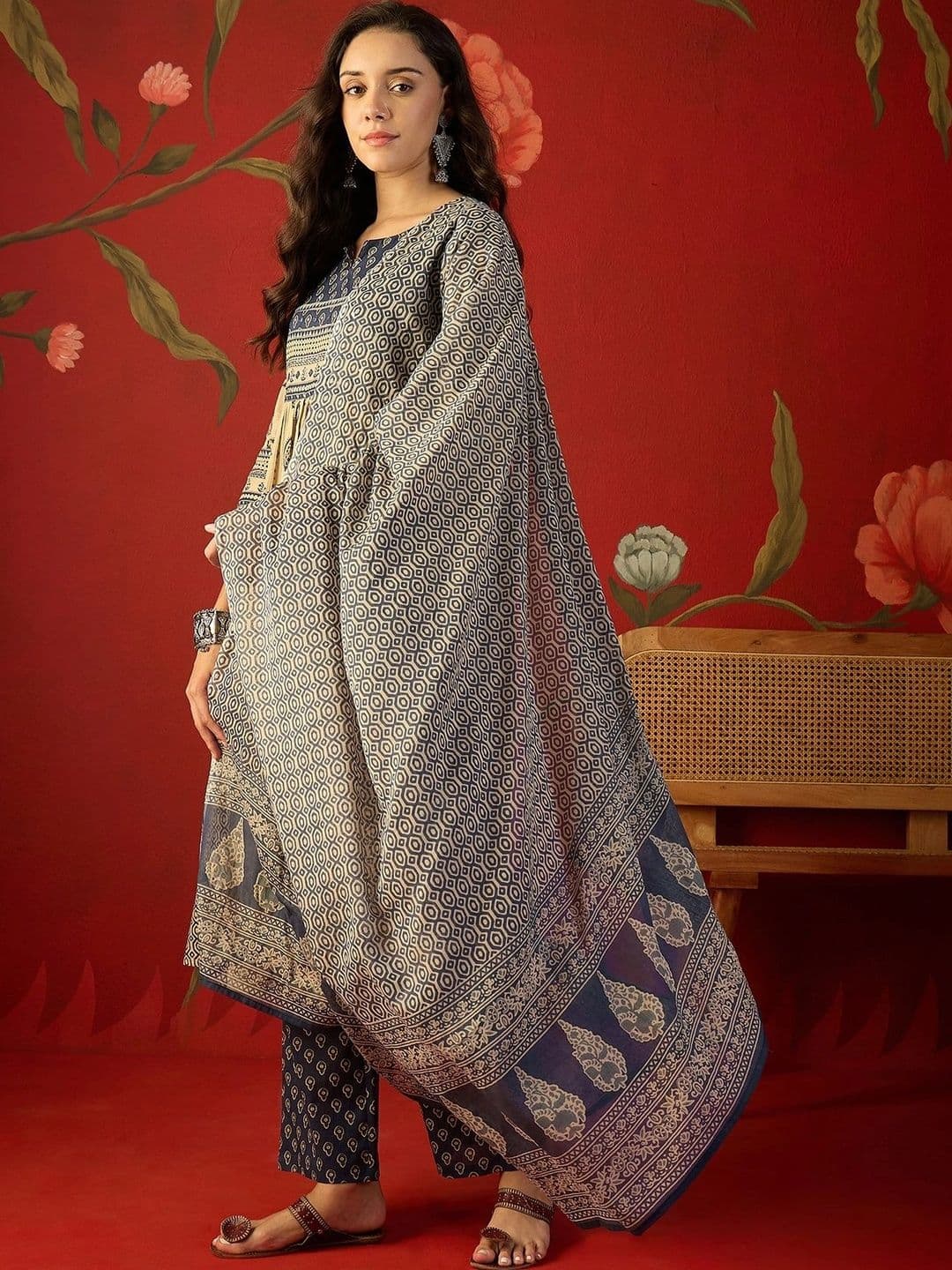 Sangria Women Paisley Printed Empire Mirror Work Pure Cotton Kurta with Trousers & With Dupatta - view 1