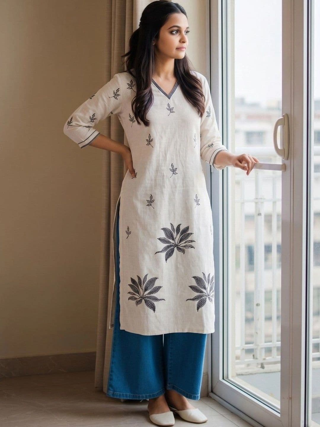 HOUSE OF AXI Botanical Printed V-Neck Pure Cotton Kurti - view 1