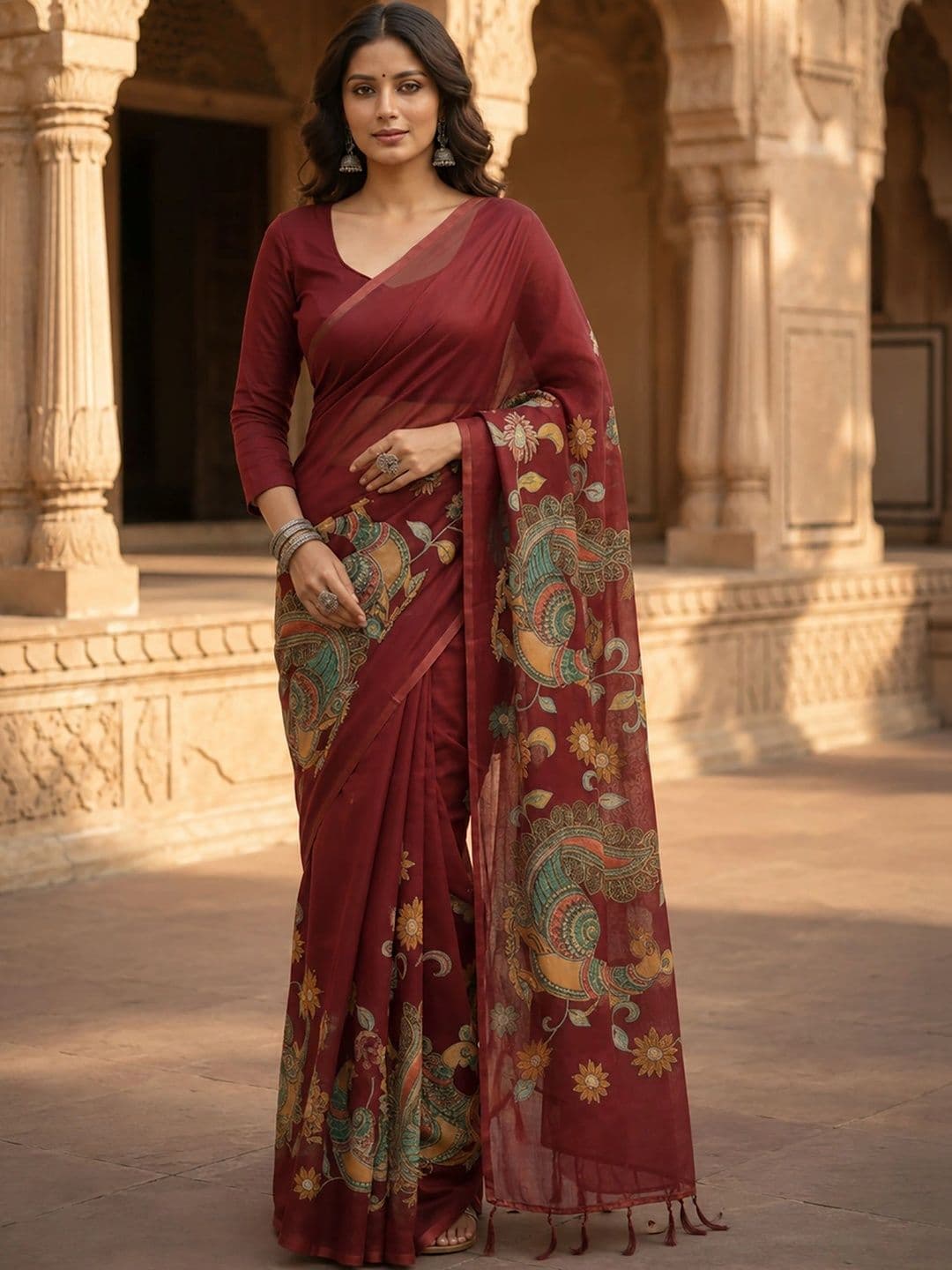 Anjaneya Sarees Paisley Linen Blend Designer Block Print Saree - view 1