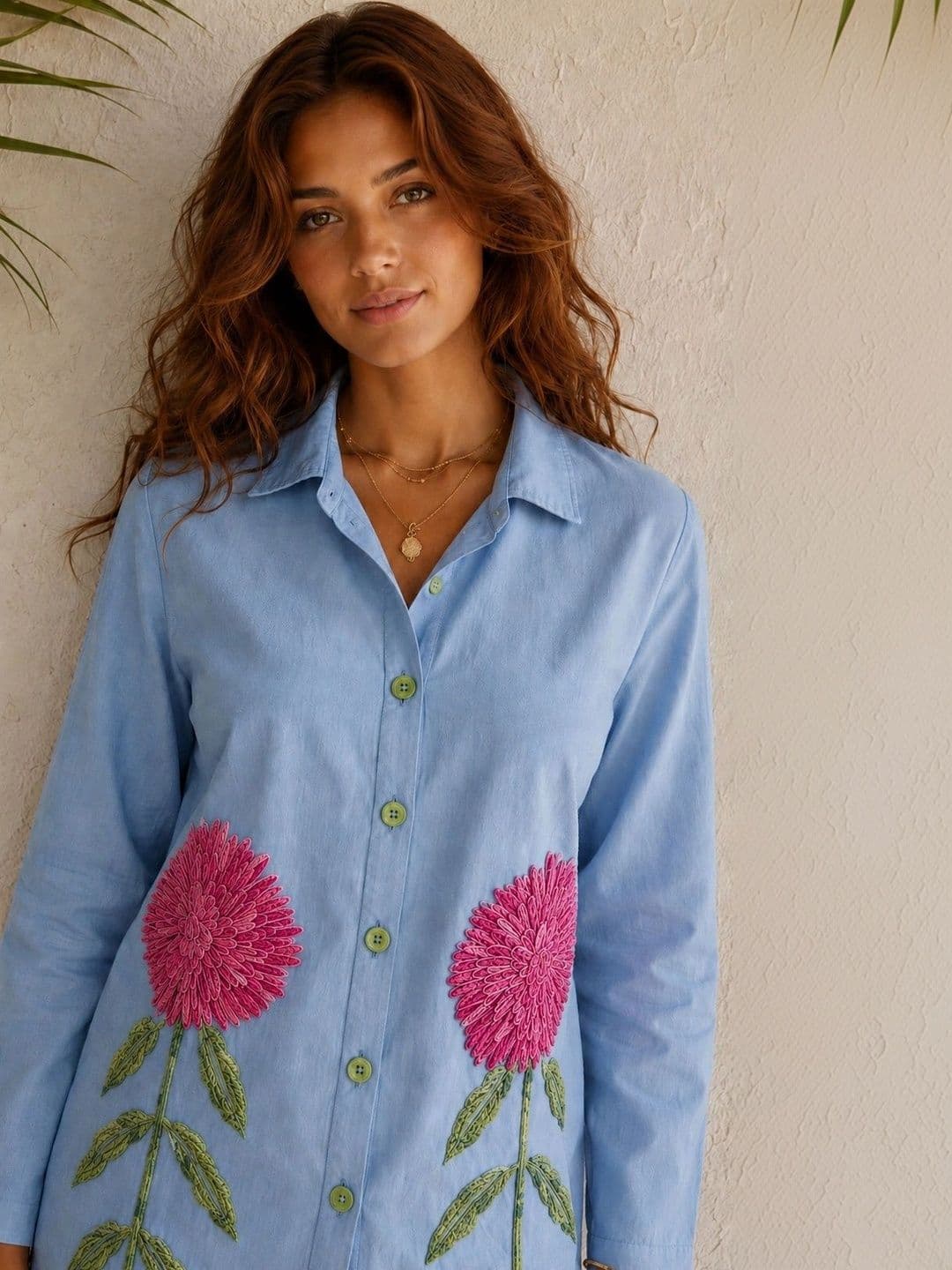 Sangria Indie Florals Cotton Embroidered Shirt with Trousers - view 1