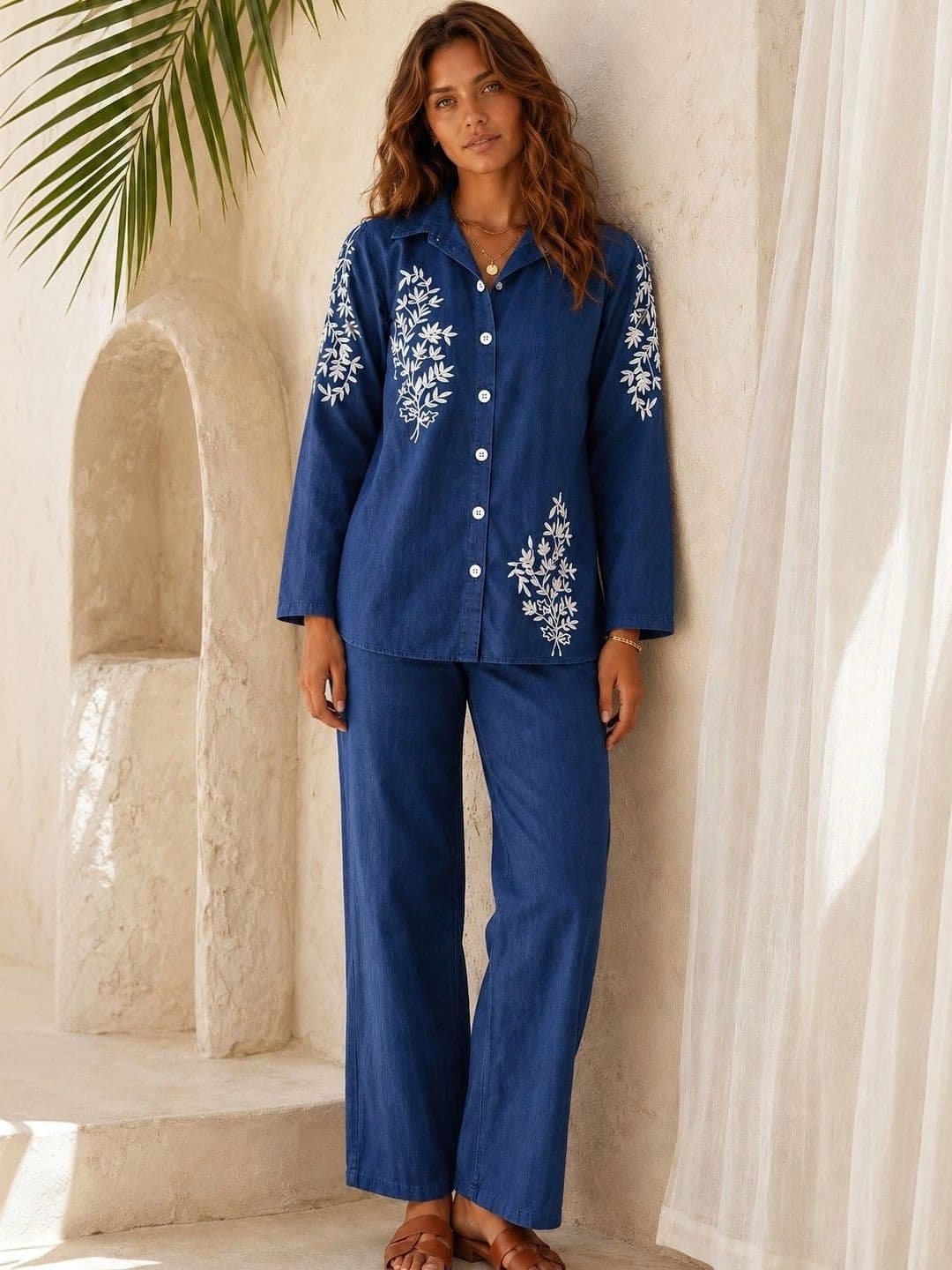 Sangria Bohemian Cotton Embroidered Shirt with Trousers - view 1