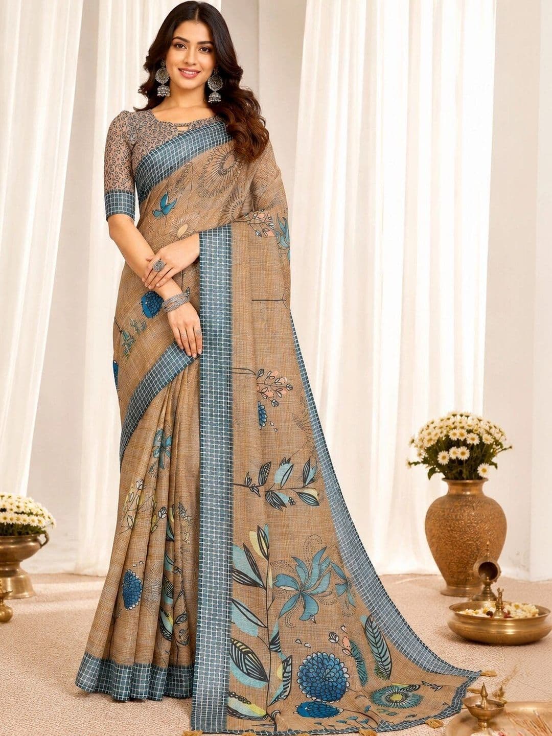 VIDHATA FASHION Ethnic Motifs Linen Blend Fusion Saree - view 1
