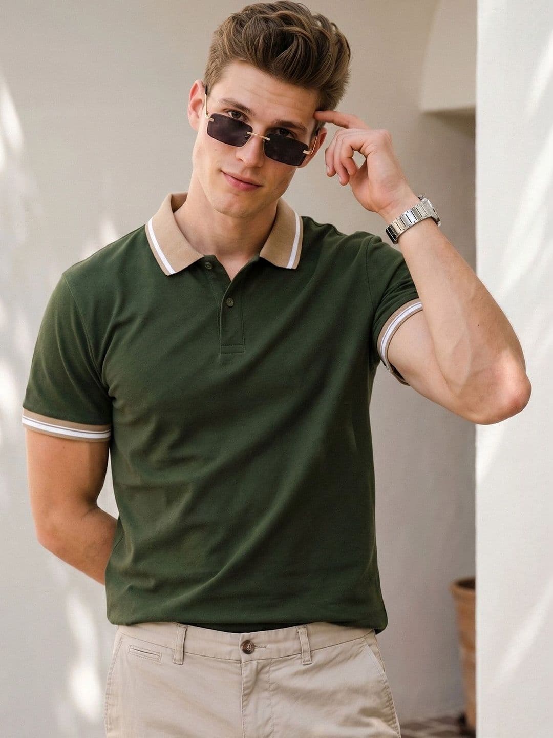 VEIRDO Men Olive Solid Regular Fit Pure Cotton Polo T-Shirt - view 1