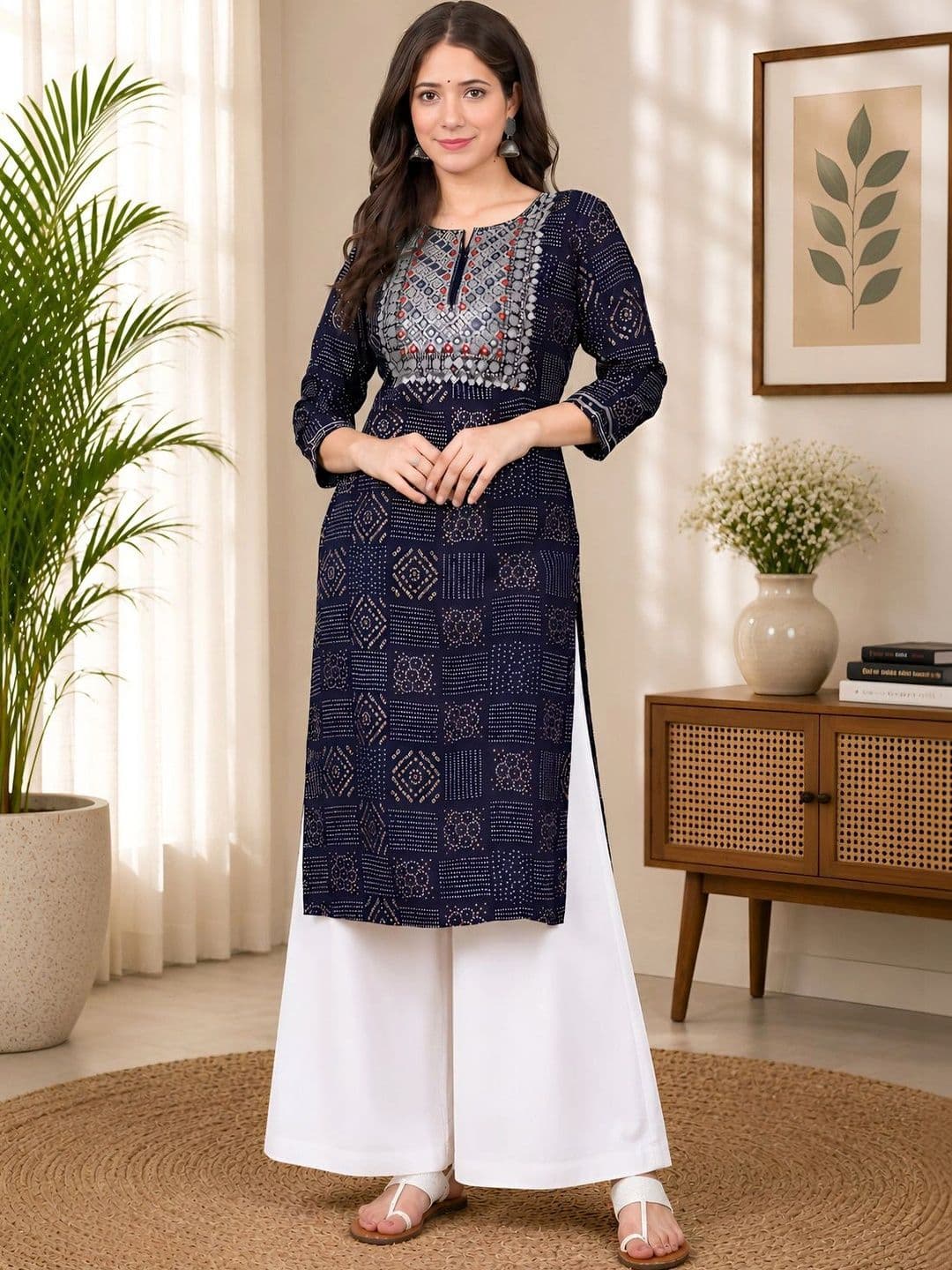 HERE&NOW Women Bandhani Print Navy Blue Zari Embroidered and Mirror Straight Fit Kurta - view 1