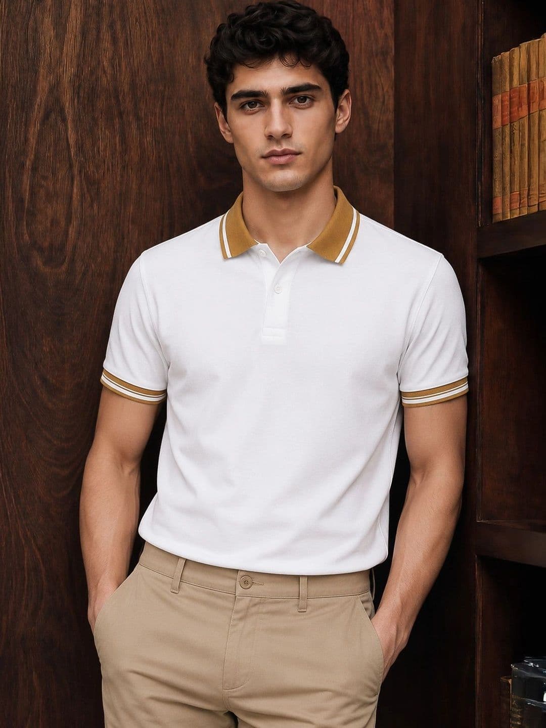 VEIRDO Men White Solid Regular Fit Pure Cotton Polo T-shirt - view 1