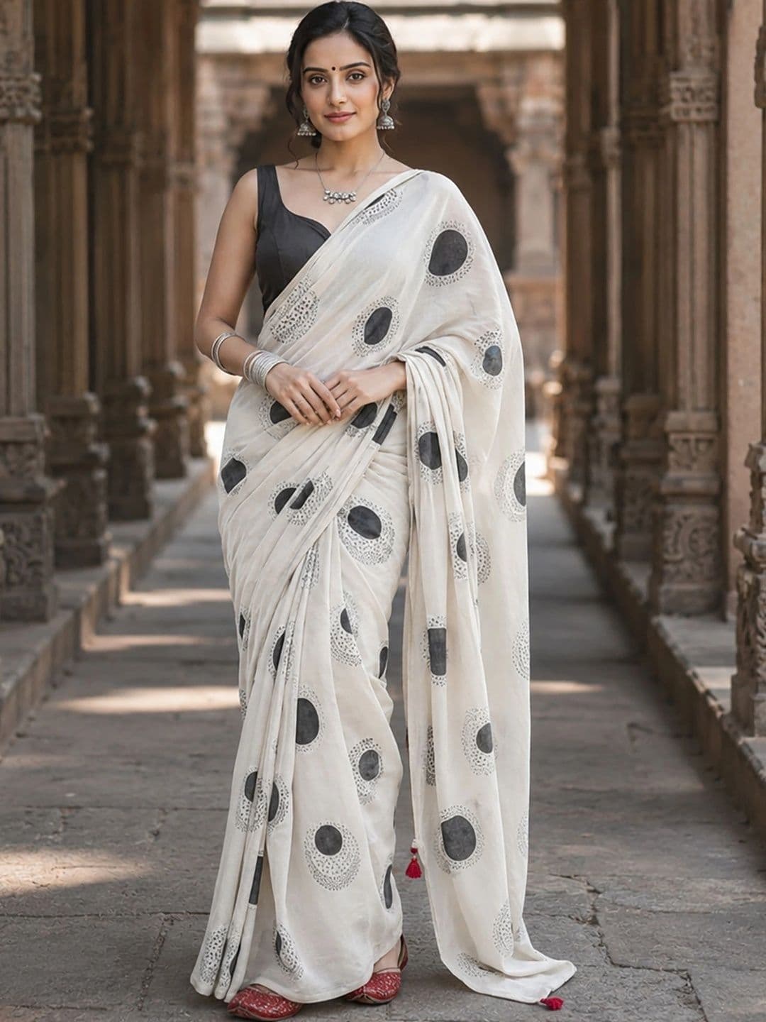 Moda Rapido Linen Blend Designer Block Print Saree - view 1