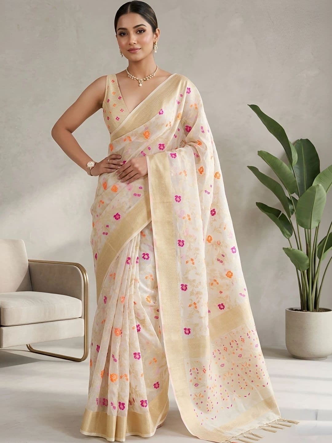 Sangria Floral Zari Saree - view 1