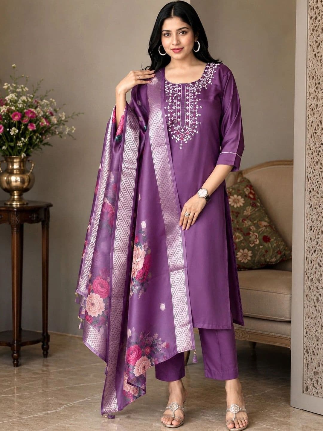 Zeavi Women Floral Embroidered Regular Thread Work Kurti with Trousers & With Dupatta - view 1