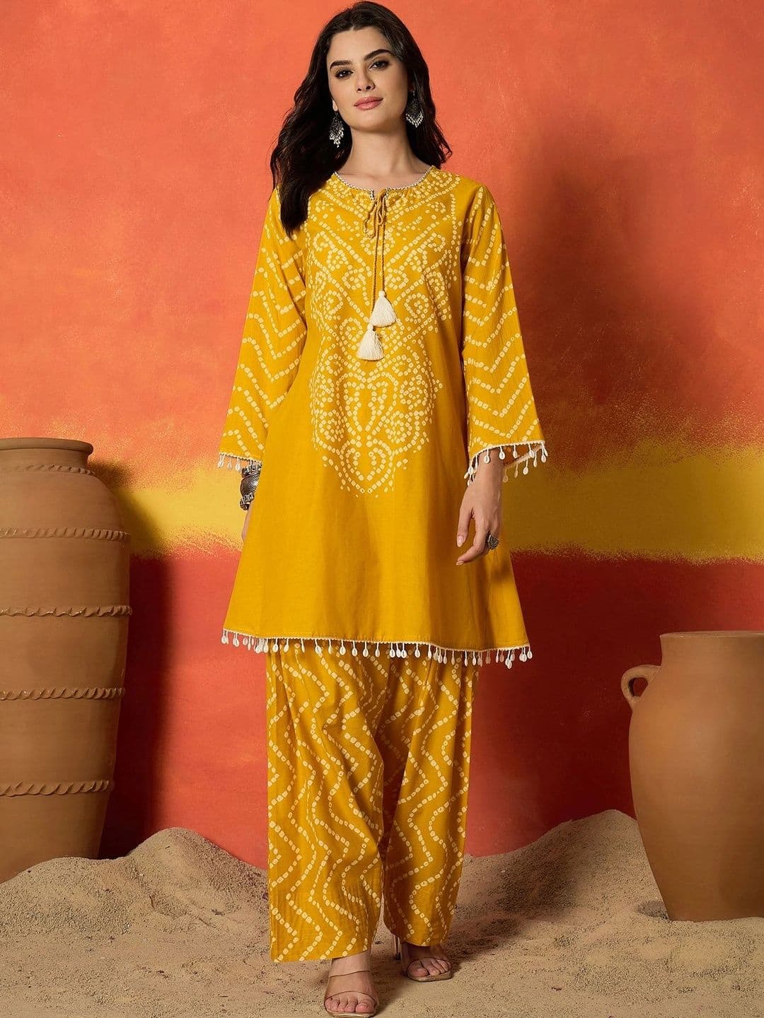 Stylum Women Bandhani Printed Regular Beads and Stones Pure Cotton Kurti with Salwar - view 1