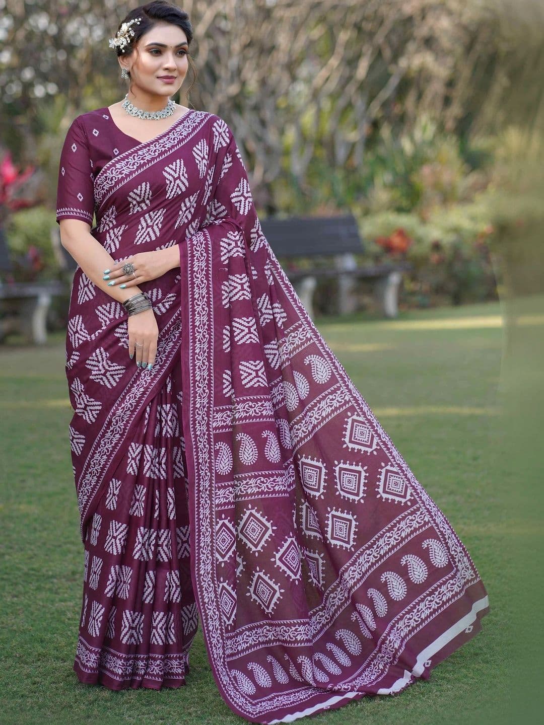 HERE&NOW Floral Pure Cotton Fusion Saree - view 1