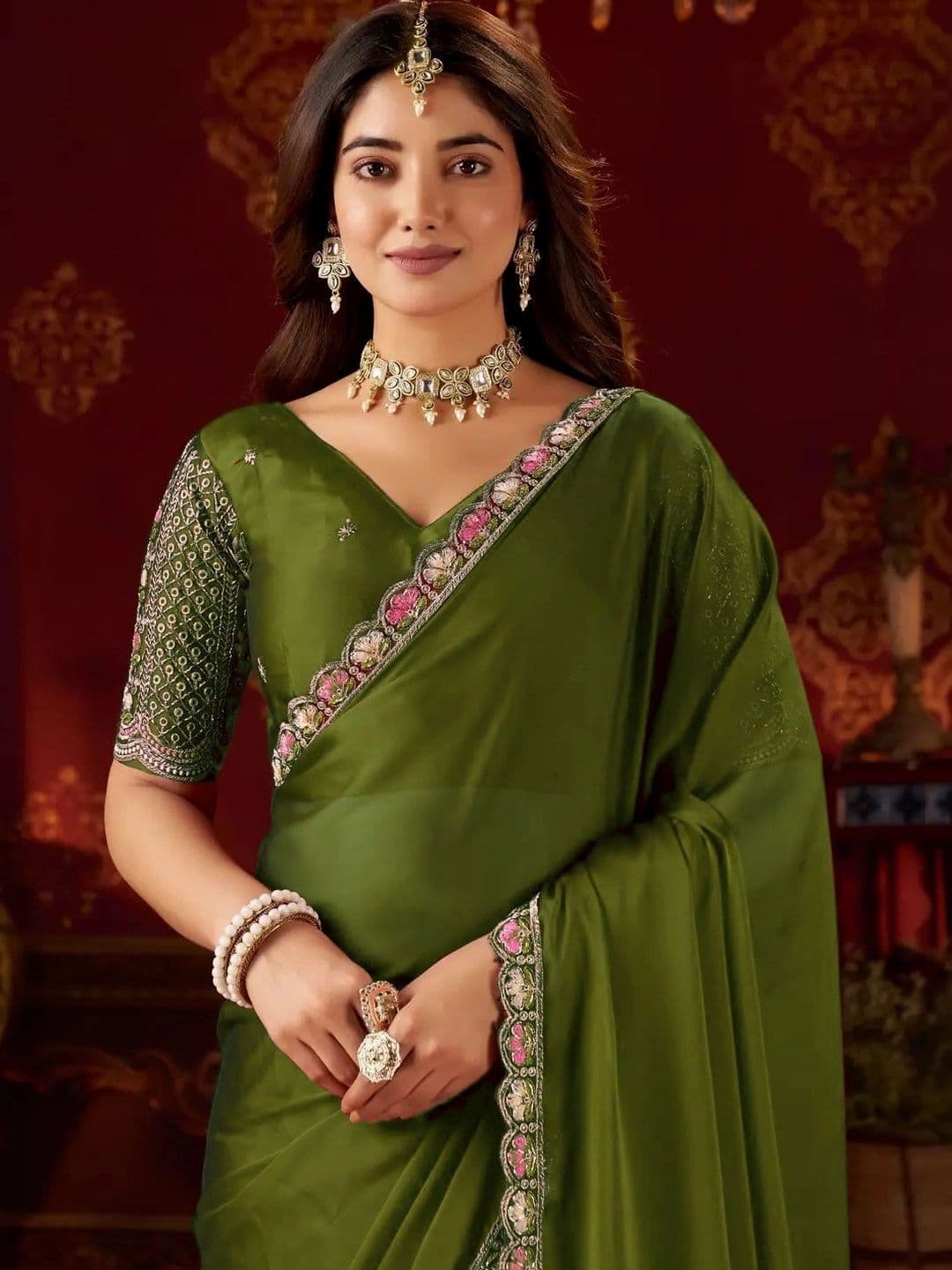 Janvi Boutique Floral Embroidered Silk Blend Saree - view 1