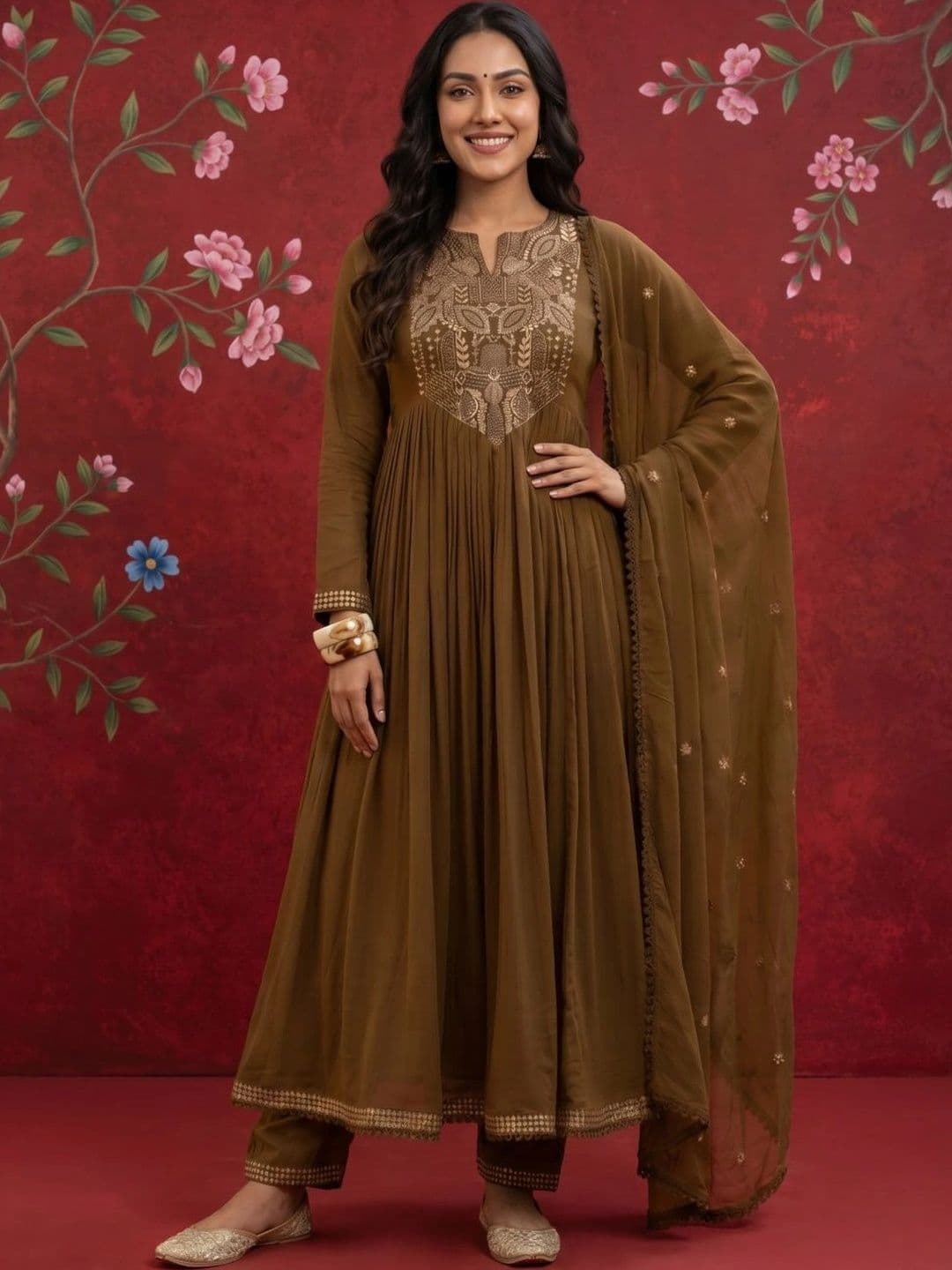 Sangria Women Ethnic Motifs Embroidered Empire Kurta with Trousers & With Dupatta - view 1