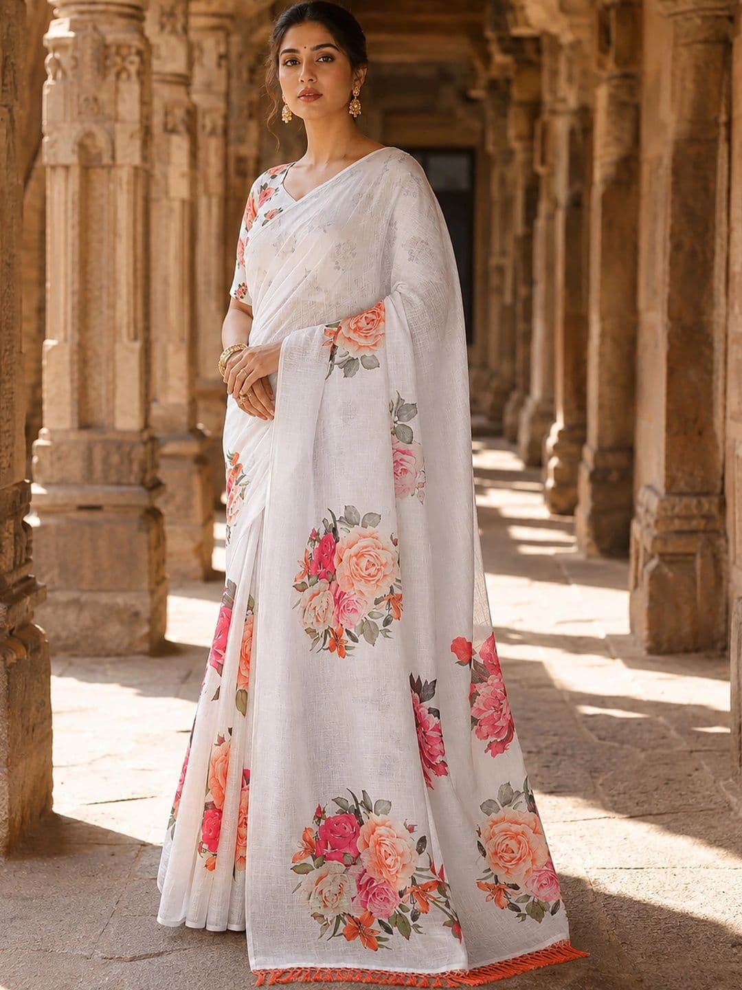 Moda Rapido Floral Linen Blend Designer Block Print Saree - view 1