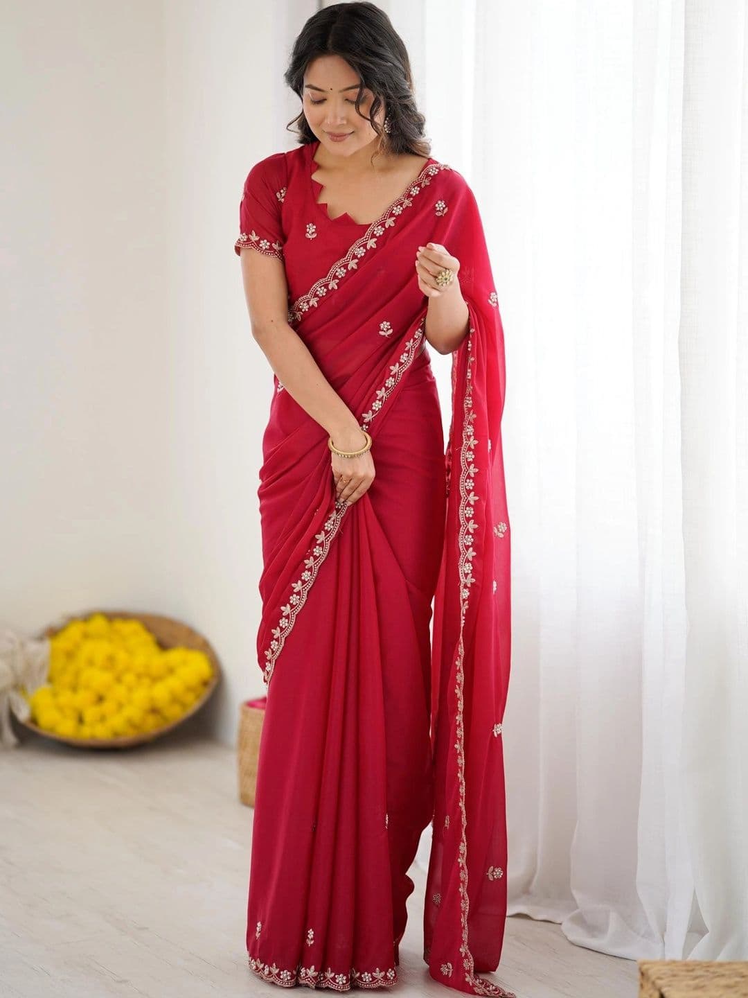 Vastrangam Floral Embroidered Satin Saree - view 1