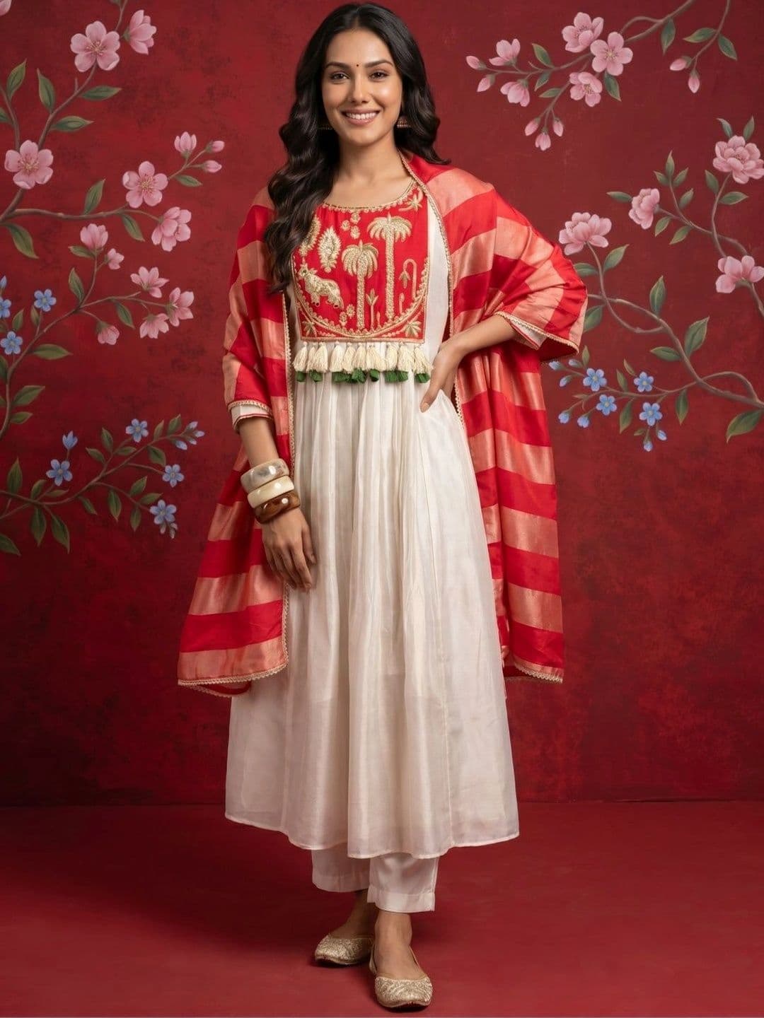 Sangria Women Ethnic Motifs Embroidered Empire Thread Work Kurta with Trousers & With Dupatta - view 1