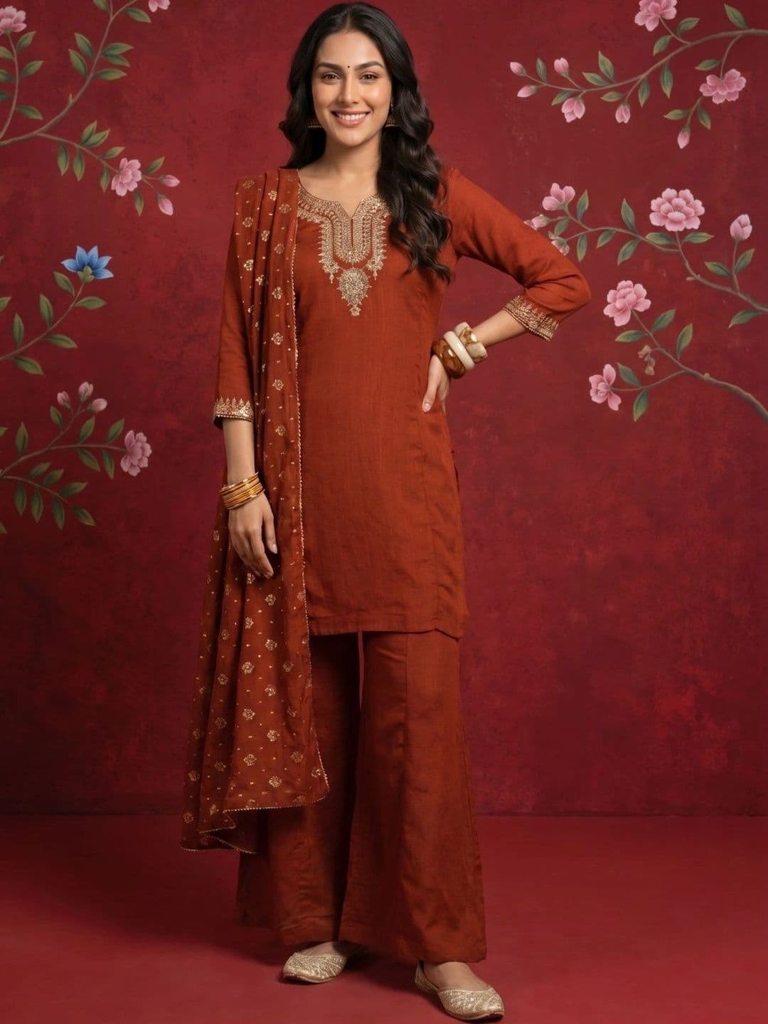 Sangria Women Ethnic Motifs Embroidered Regular Kurta with Palazzos & With Dupatta - view 1