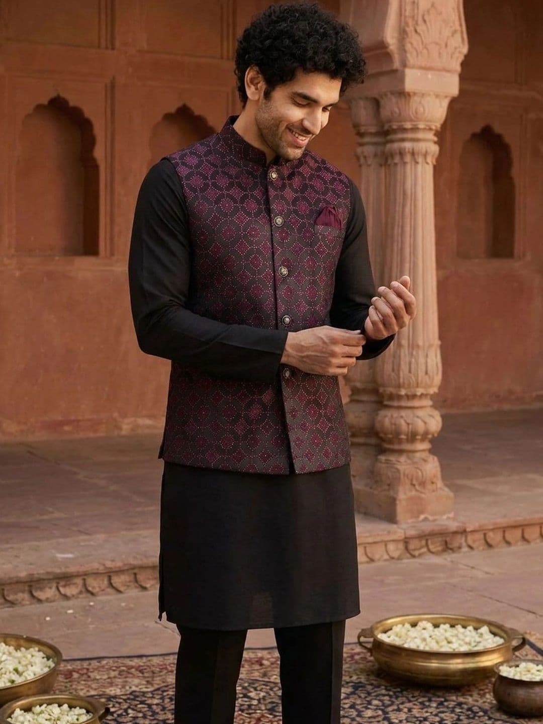 KISAH Woven Designed Mandarin-Collar Nehru Jacket - view 1