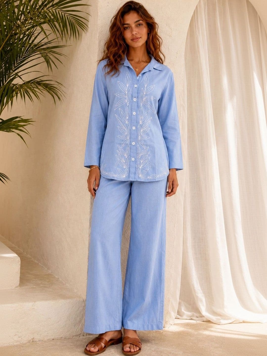Sangria Bohemian Cotton Embroidered Shirt with Palazzos - view 1