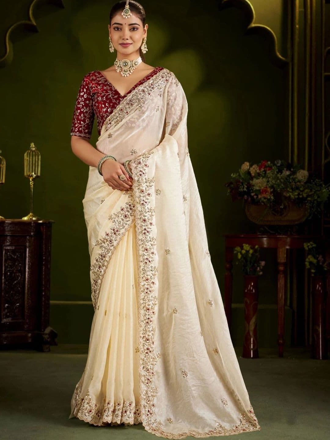 BRIGHT DESIGNS Embroidered Satin Designer Saree - view 1