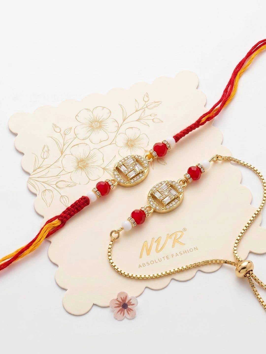 NVR Set Of 2 Artificial Stones & Beads Swastik Bhaiya Bhabhi Rakhi With Roli Chawal - view 1