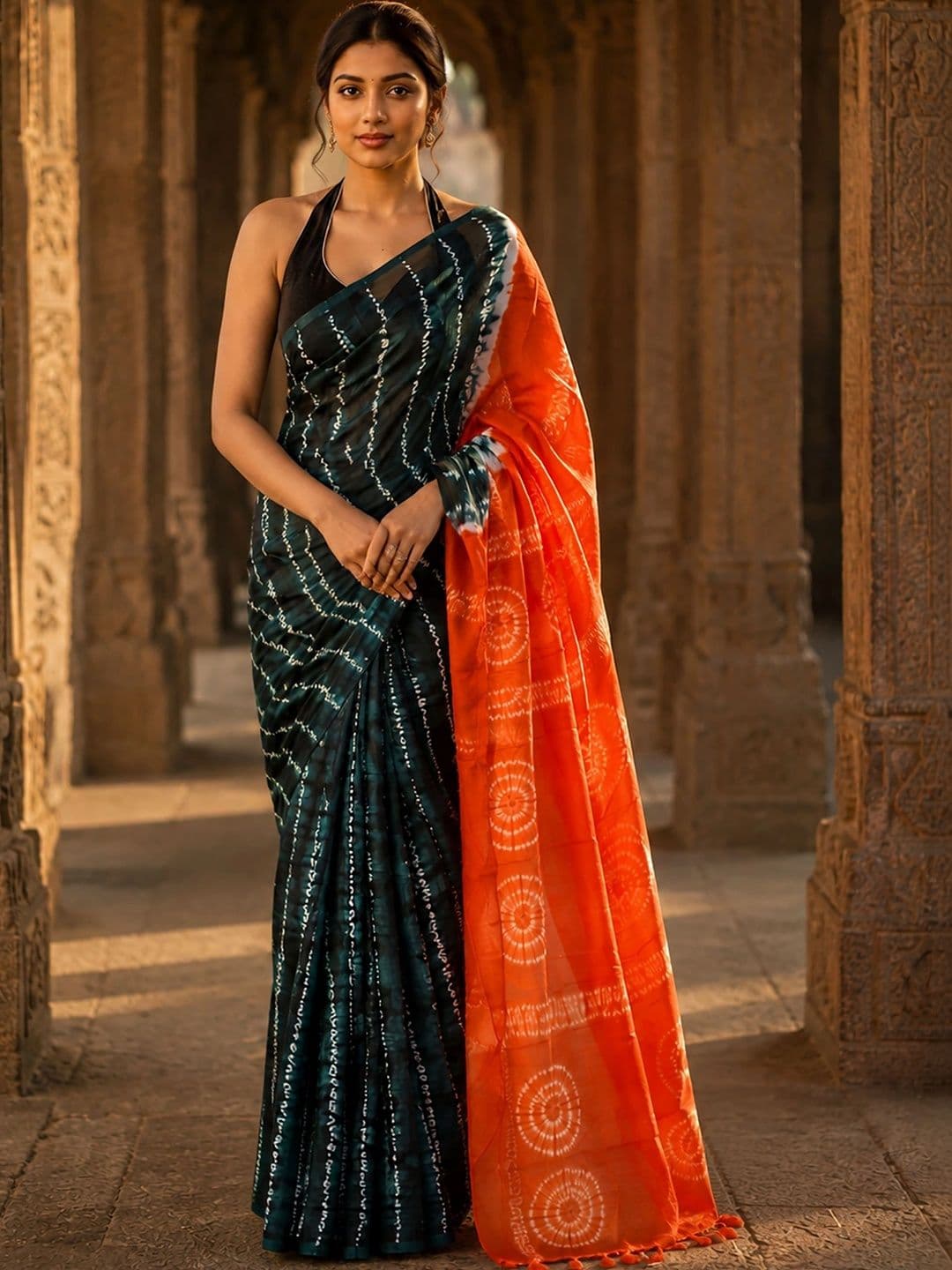 Moda Rapido Tie and Dye Linen Blend Designer Block Print Saree - view 1