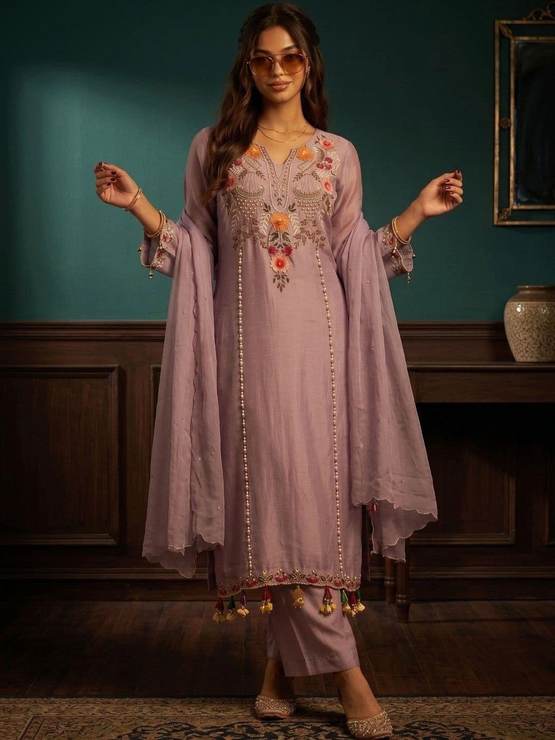 DRIP CHOWK Women Floral Embroidered Regular Gotta Patti Kurta with Trousers & With Dupatta - view 1