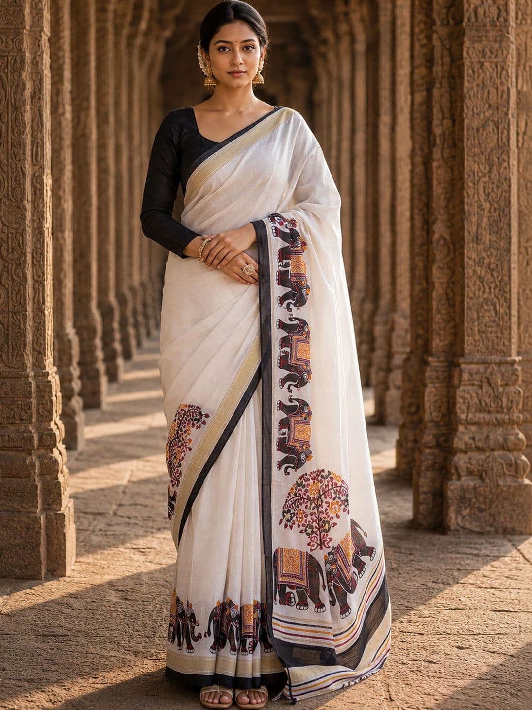 Moda Rapido Kalamkari Linen Blend Designer Block Print Saree - view 1