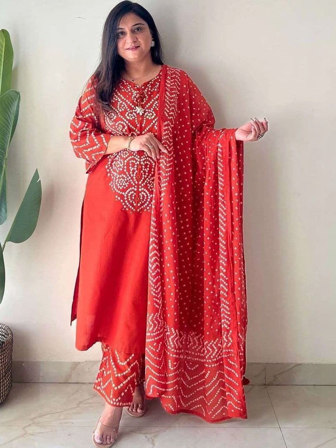 Bna Bnaya Women Bandhani Printed Regular Pure Cotton Kurta with Palazzos & With Dupatta - view 1