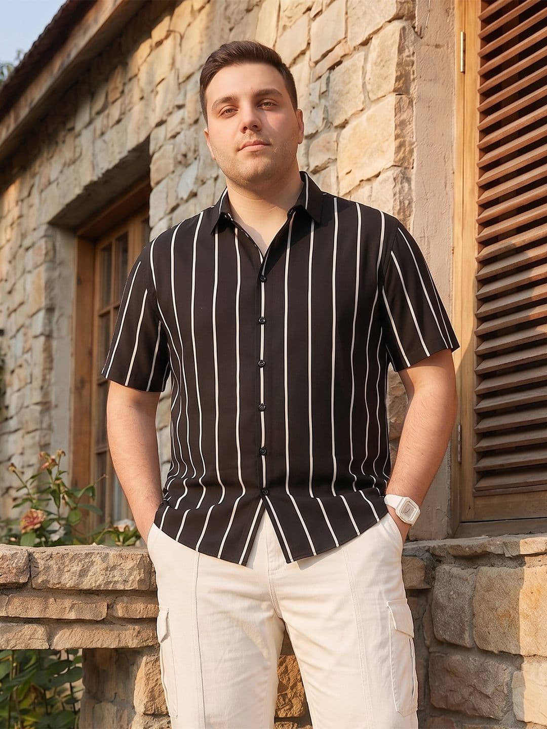 Sztori Plus Size Vertical Striped Pure Cotton Casual Shirt - view 1