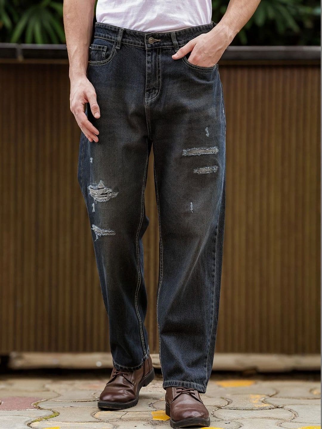 FOUL CHILD Men High-Rise Highly Distressed Heavy Fade Jeans - view 1