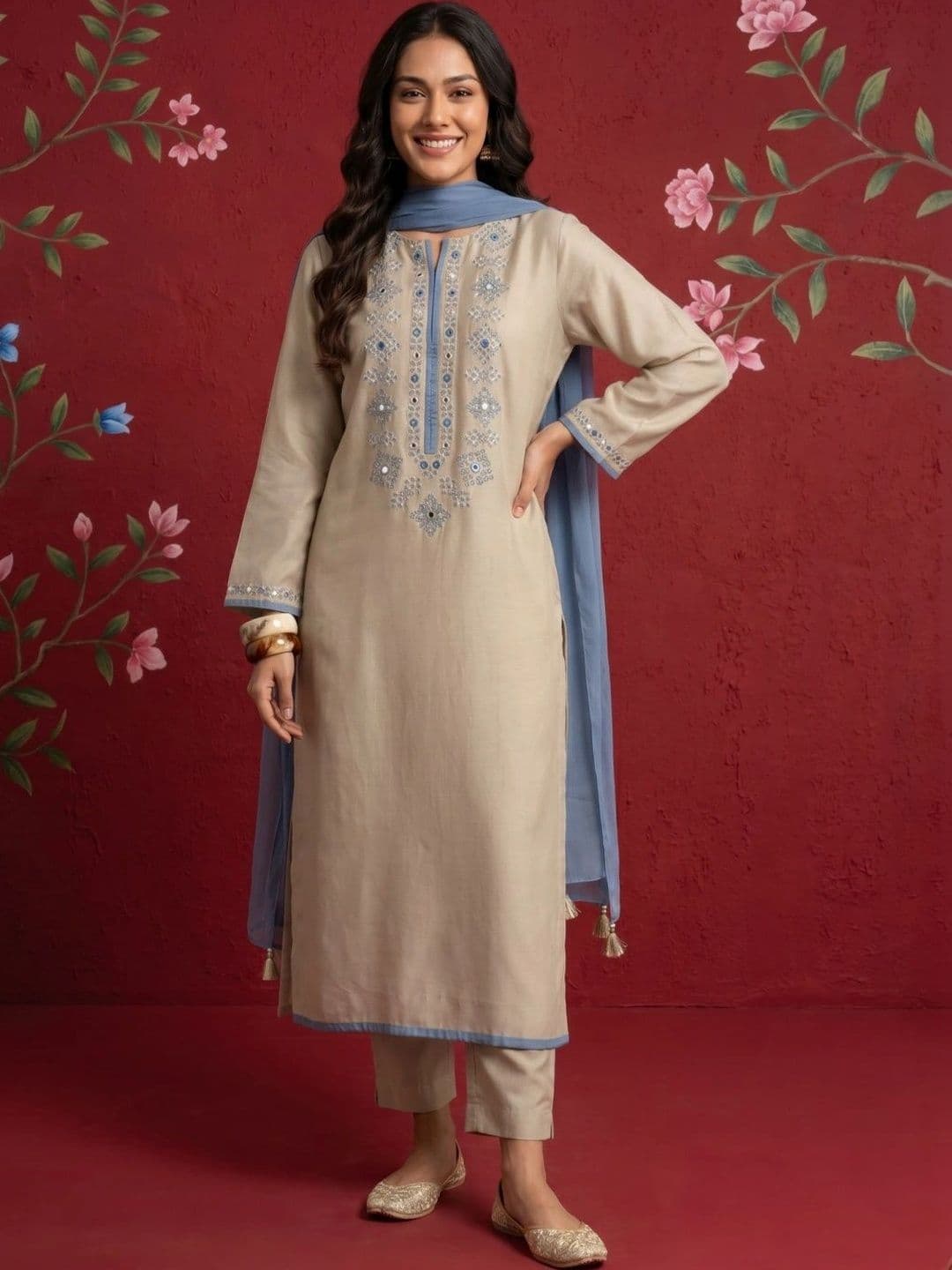 Sangria Women Ethnic Motifs Embroidered Regular Mirror Work Chanderi Silk Kurta with Trousers & With Dupatta - view 1