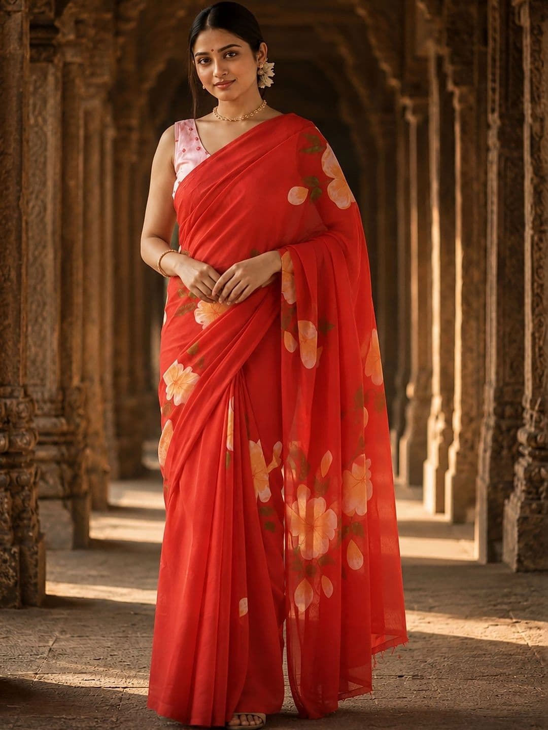 Moda Rapido Linen Blend Designer Block Print Saree - view 1