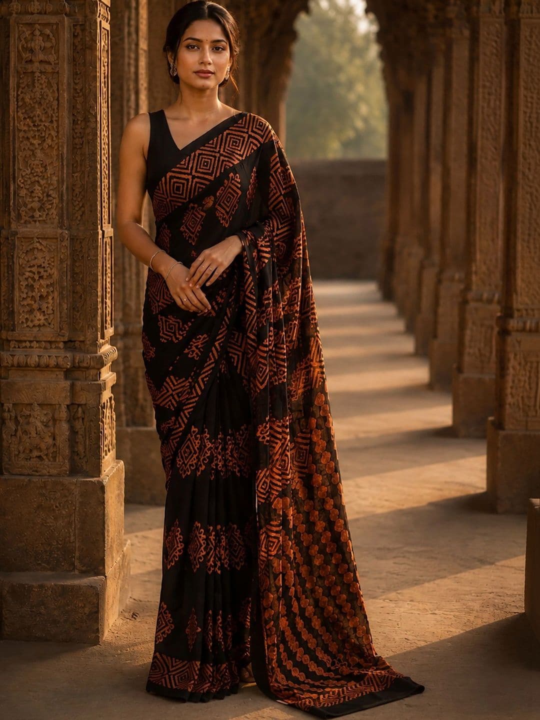 Moda Rapido Linen Blend Designer Block Print Saree - view 1