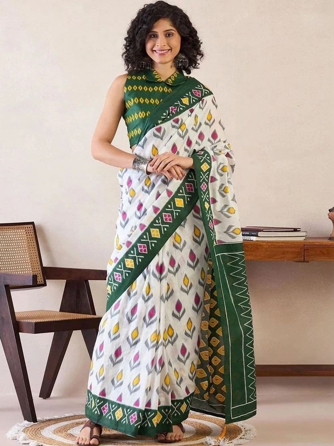 HERE&NOW Floral Pure Cotton Fusion Saree - view 1