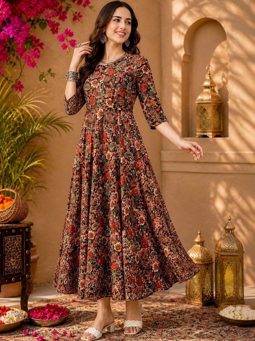 KALINI Printed Round Neck Fit & Flared Ethnic Dress - view 1