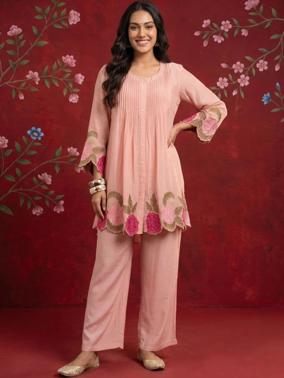 Sangria Women Floral Embroidered Pleated Thread Work Pure Silk Kurti with Trousers - view 1
