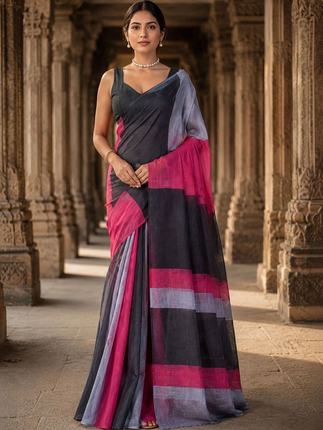 KALINI Striped Linen Blend Designer Block Print Saree - view 1