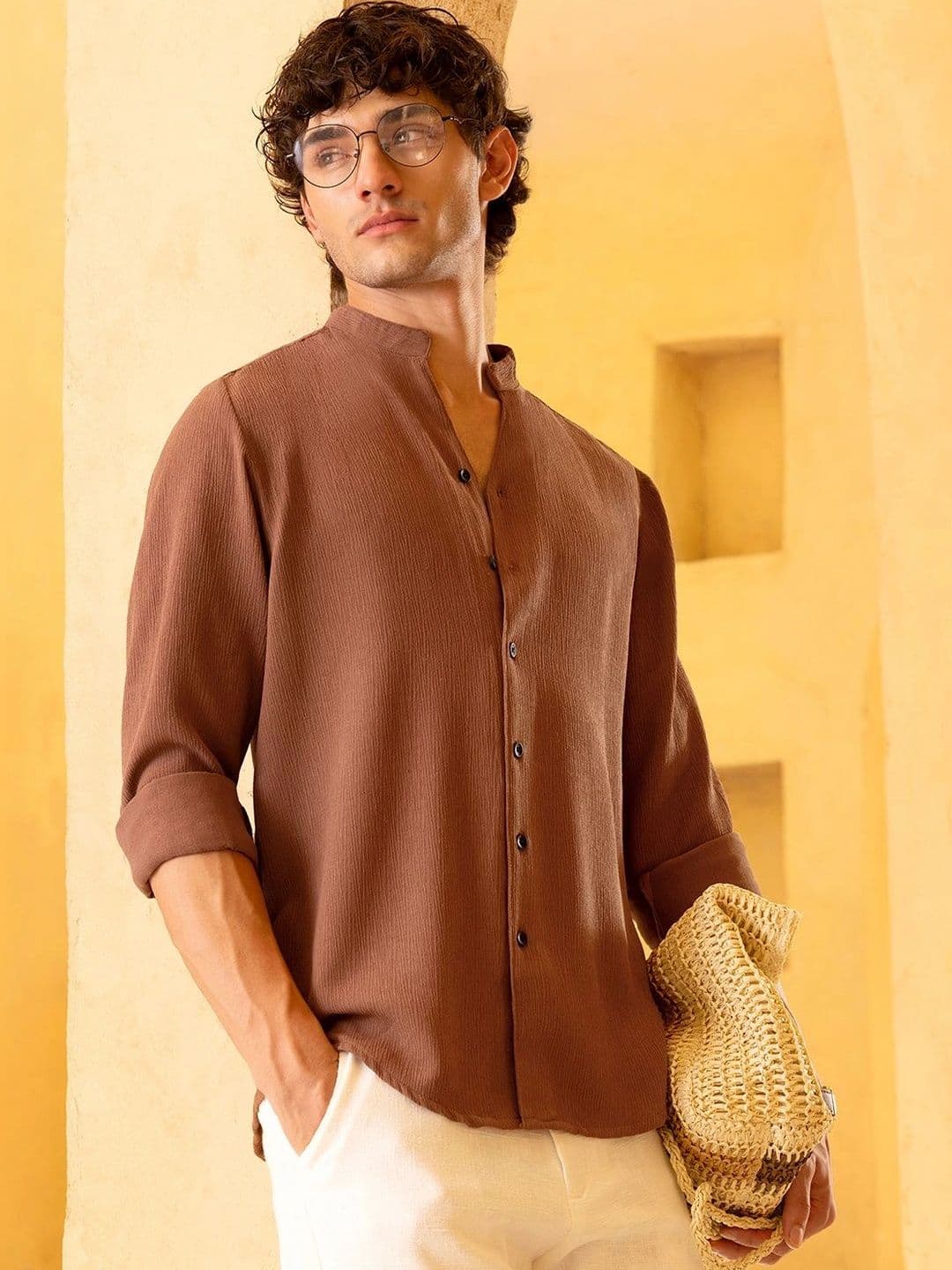 CAHOOT Men's Crinkle Textured Mandarin Collar Regular Fit Shirt - view 1