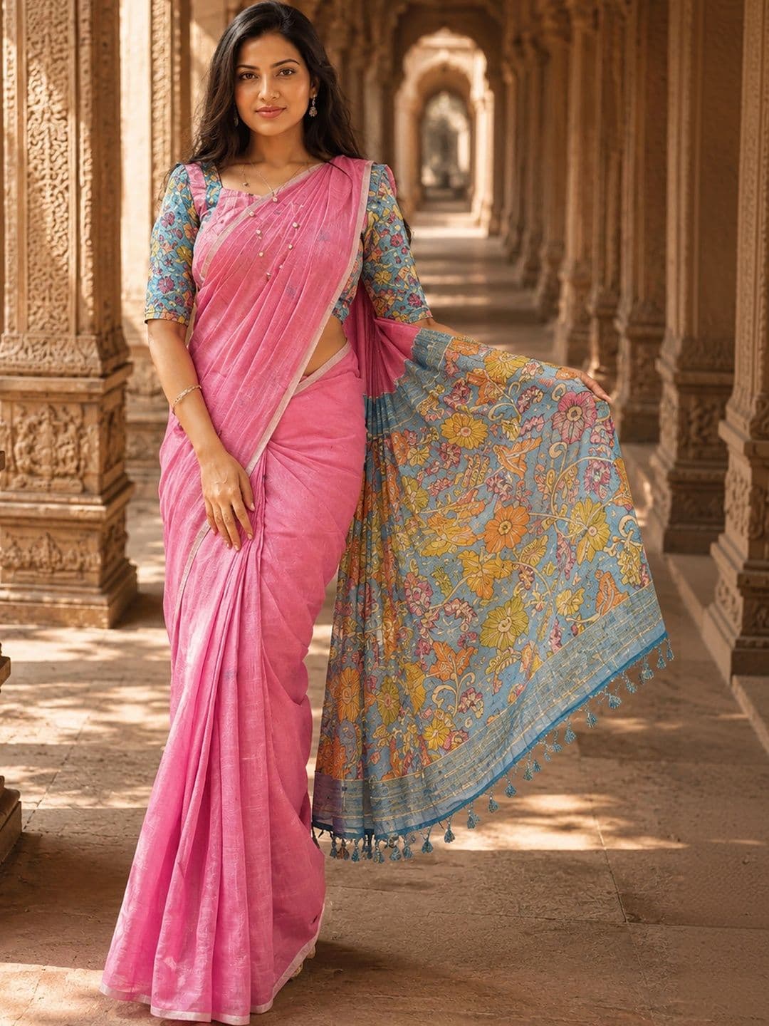 KALINI Floral Linen Blend Designer Block Print Saree - view 1