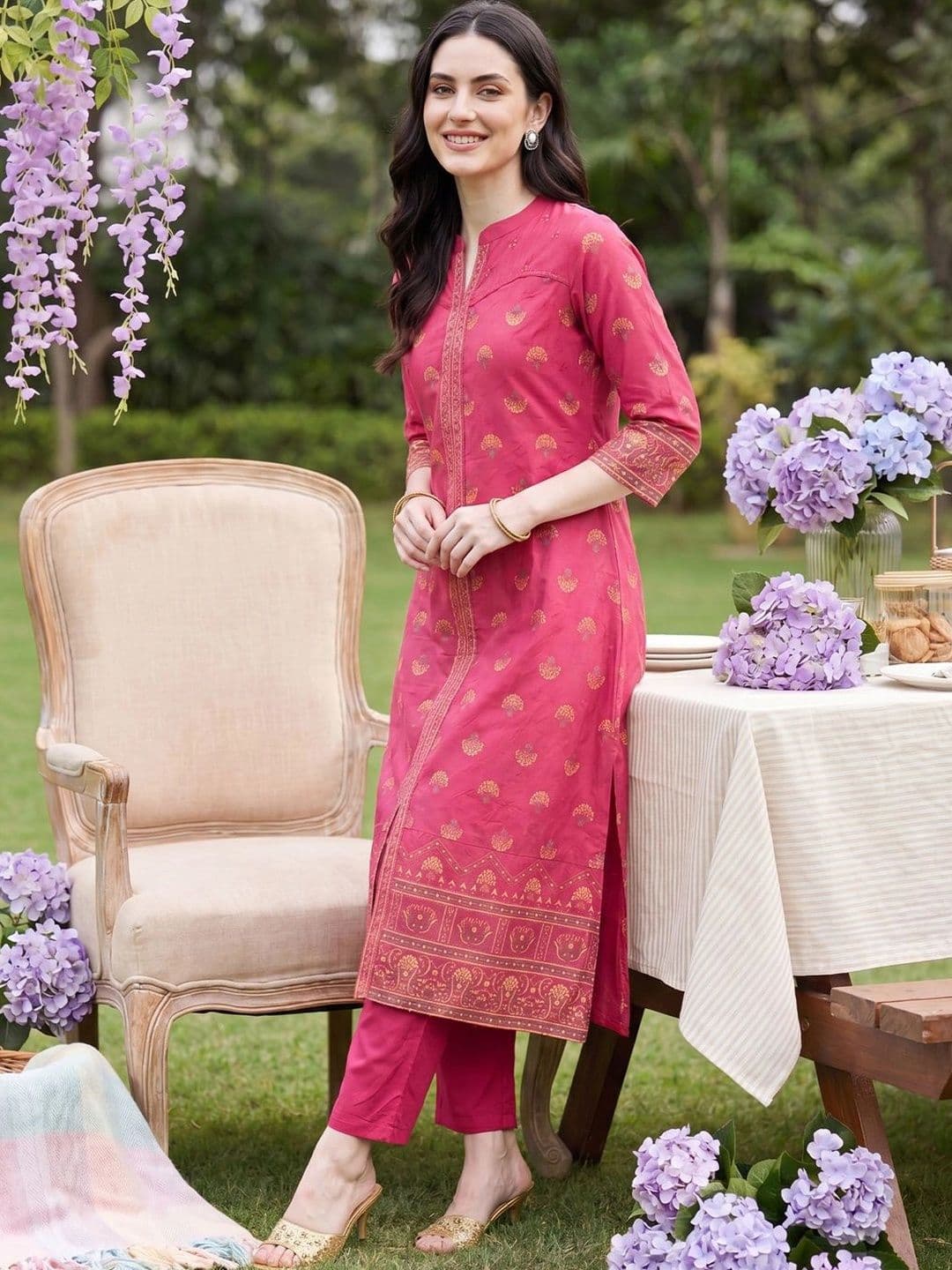 Indo Era Women Ethnic Motifs Printed Regular Pure Cotton Kurta with Trousers - view 1