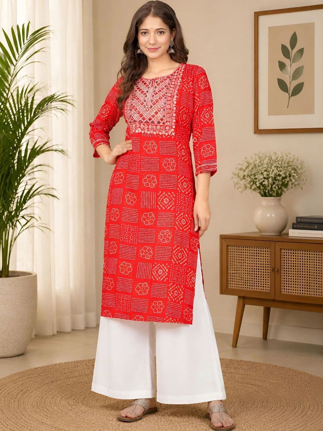 HERE&NOW Women Bandhani Print Red Zari Embroidered and Mirror Straight Fit Kurta - view 1