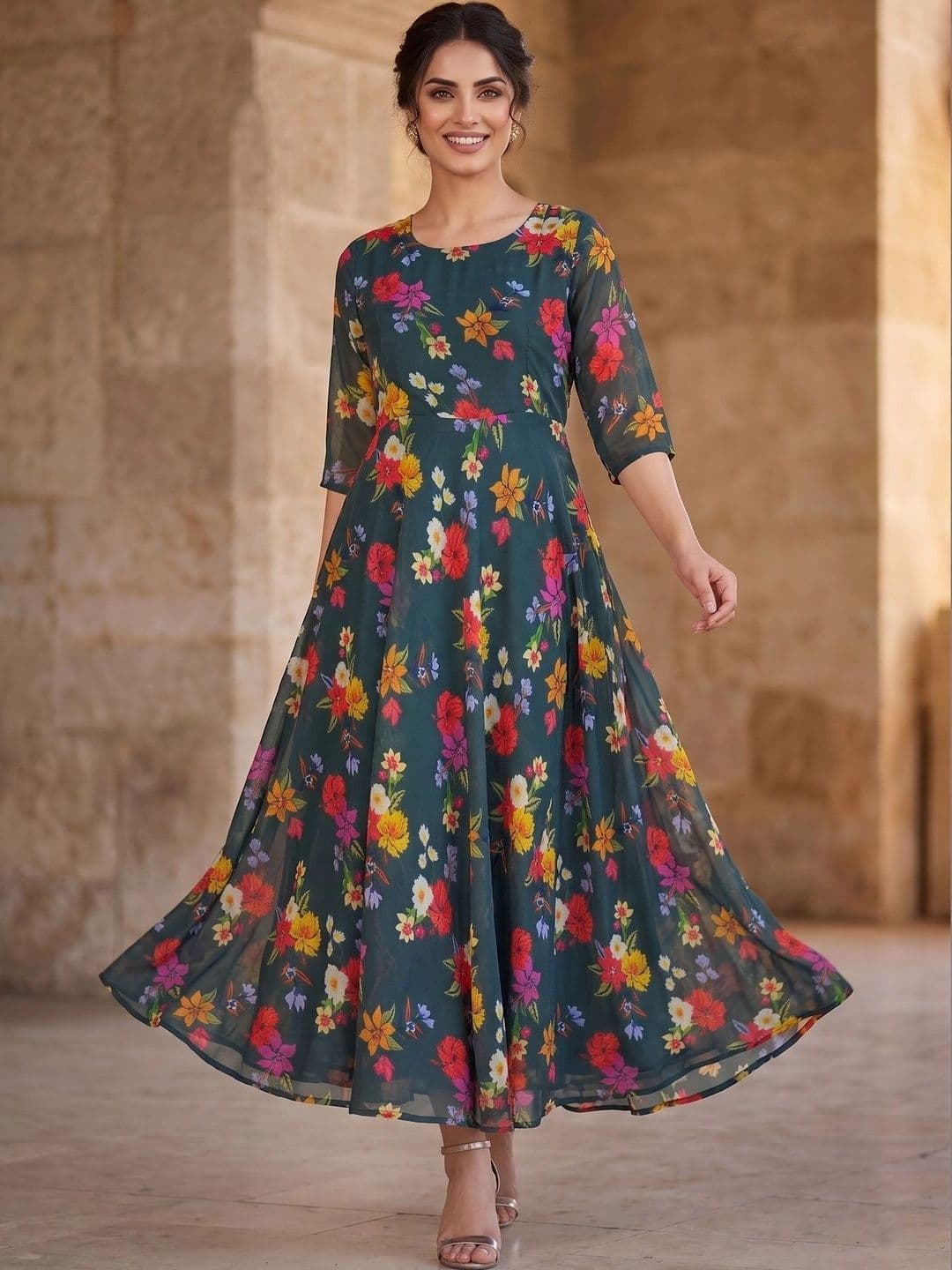 SZN Printed Anarkali Gown With Dupatta - view 1