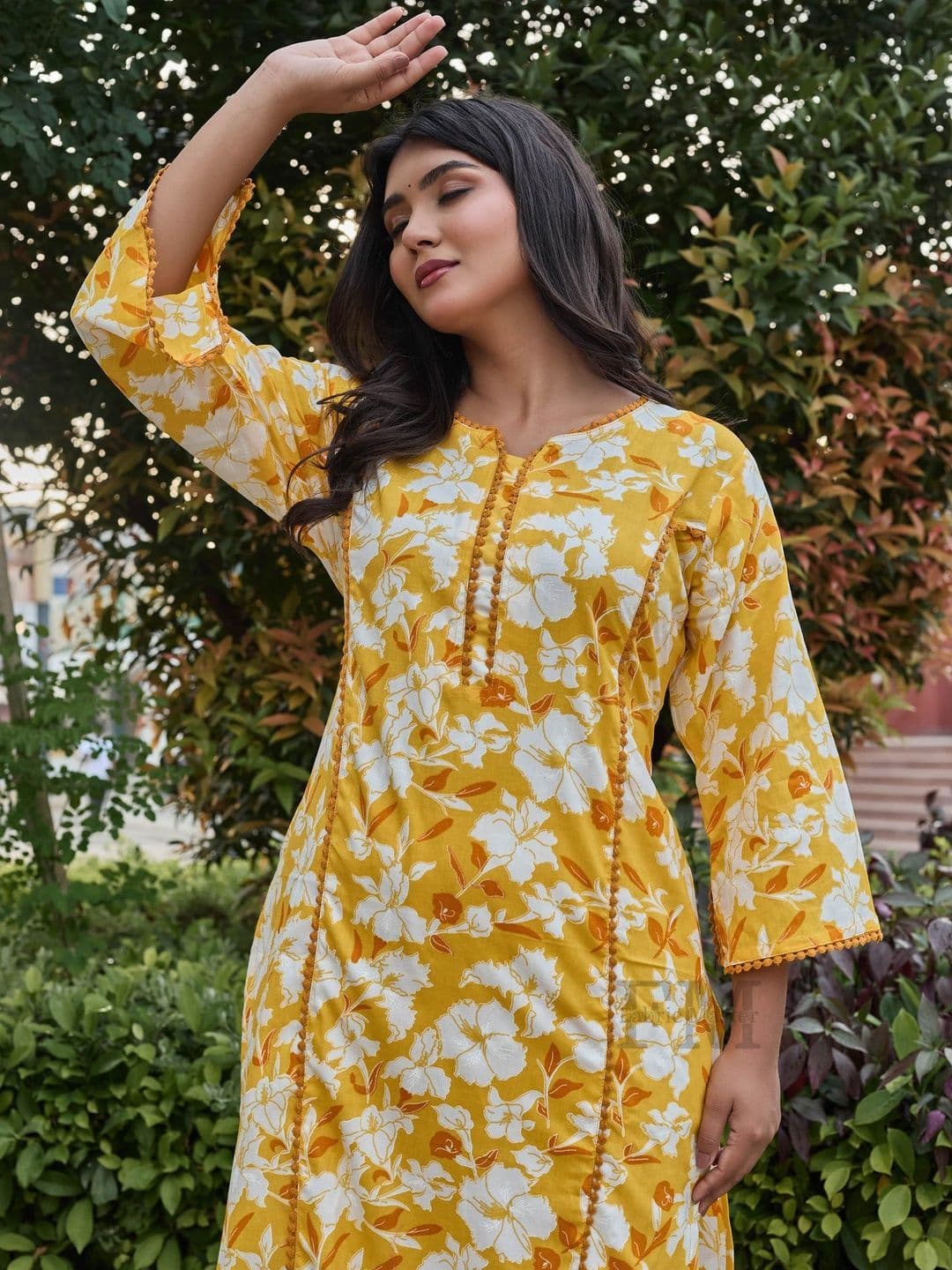 Tabeedah Women Floral Embroidered Flared Sleeves Mirror Work Handloom Anarkali Kurta - view 1
