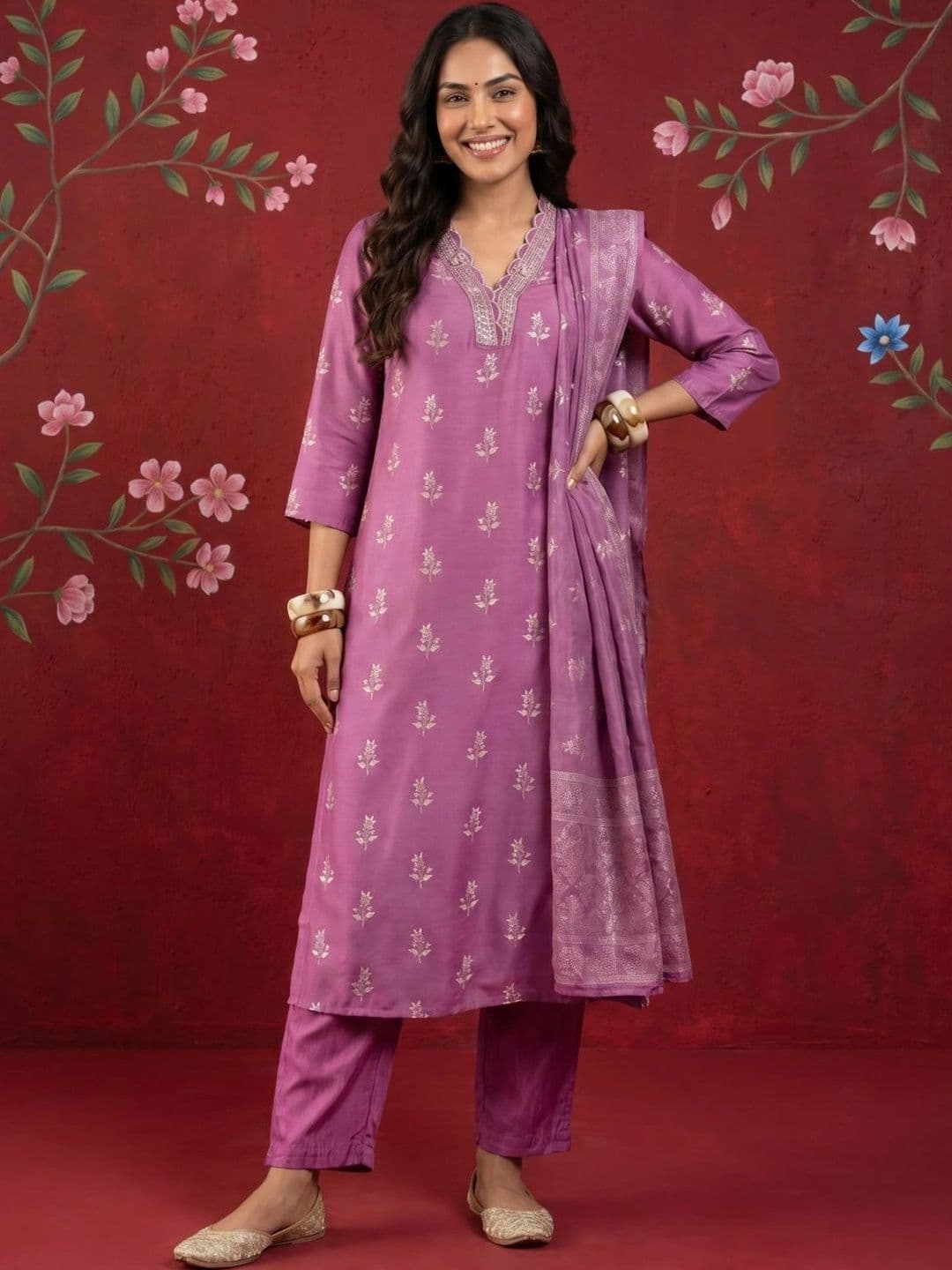 Sangria Women Ethnic Motifs Embroidered Regular Thread Work Kurta with Trousers & With Dupatta - view 1