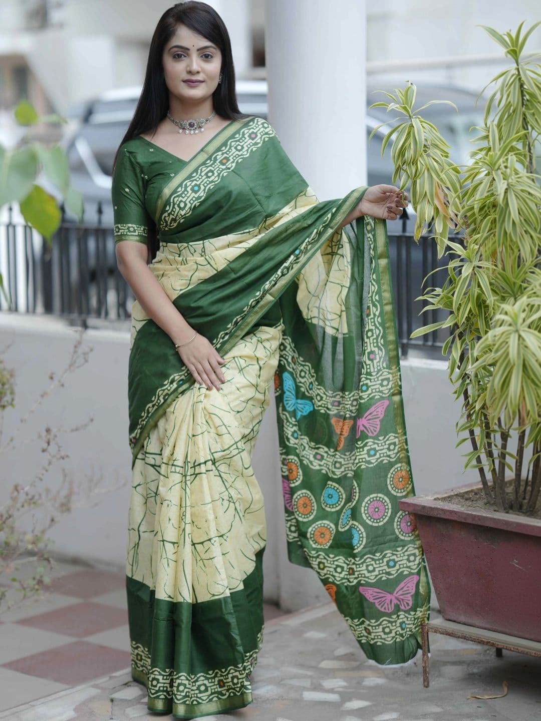 HERE&NOW Floral Pure Cotton Fusion Saree - view 1